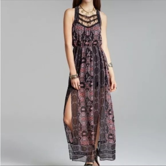 Free‎ People Bohemian Moroccan Black Printed Lace Yoke Maxi Dress Size 2 - Picture 2 of 12